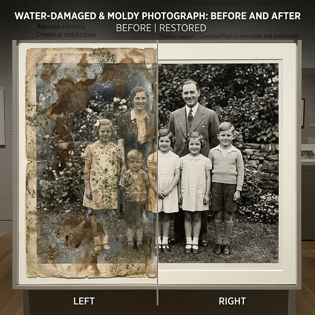 Water-damaged old photo cleaned — mold and silver stains removed by AI