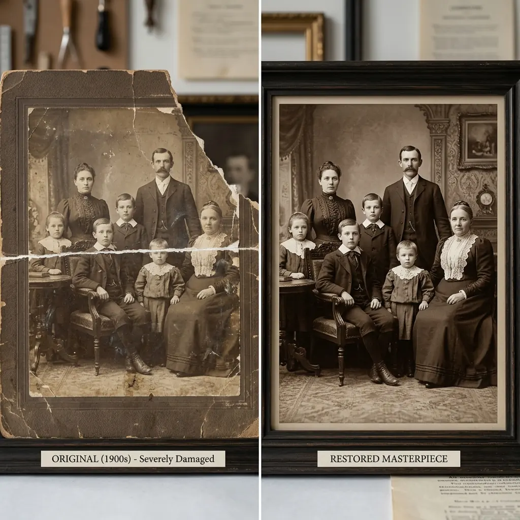 Severely torn old photo repaired by FixMyPhoto with natural edge cleanup