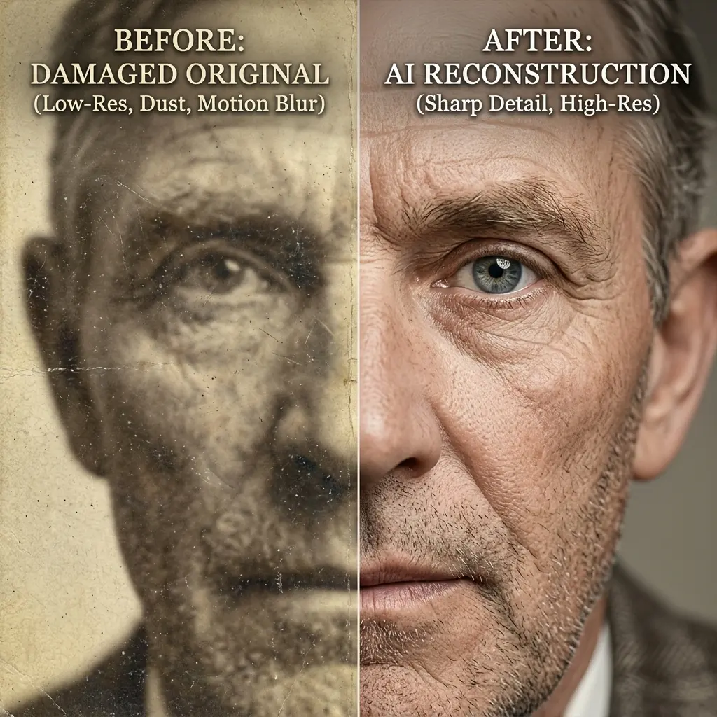 Blurry old photo sharpened — face detail and skin texture restored by AI