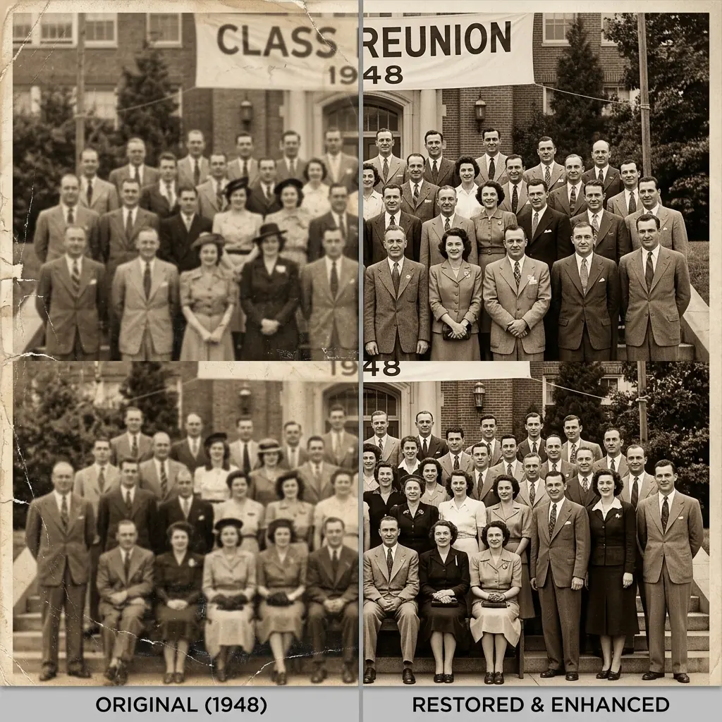 Large group photo enhanced — every face sharpened with AI upscaling