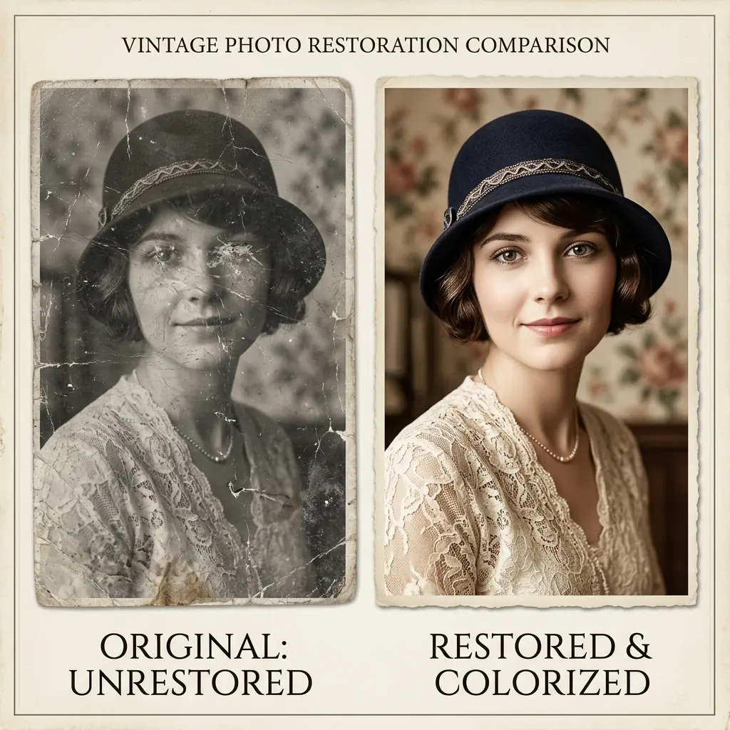 AI portrait restoration — cracked vintage studio photo repaired by FixMyPhoto